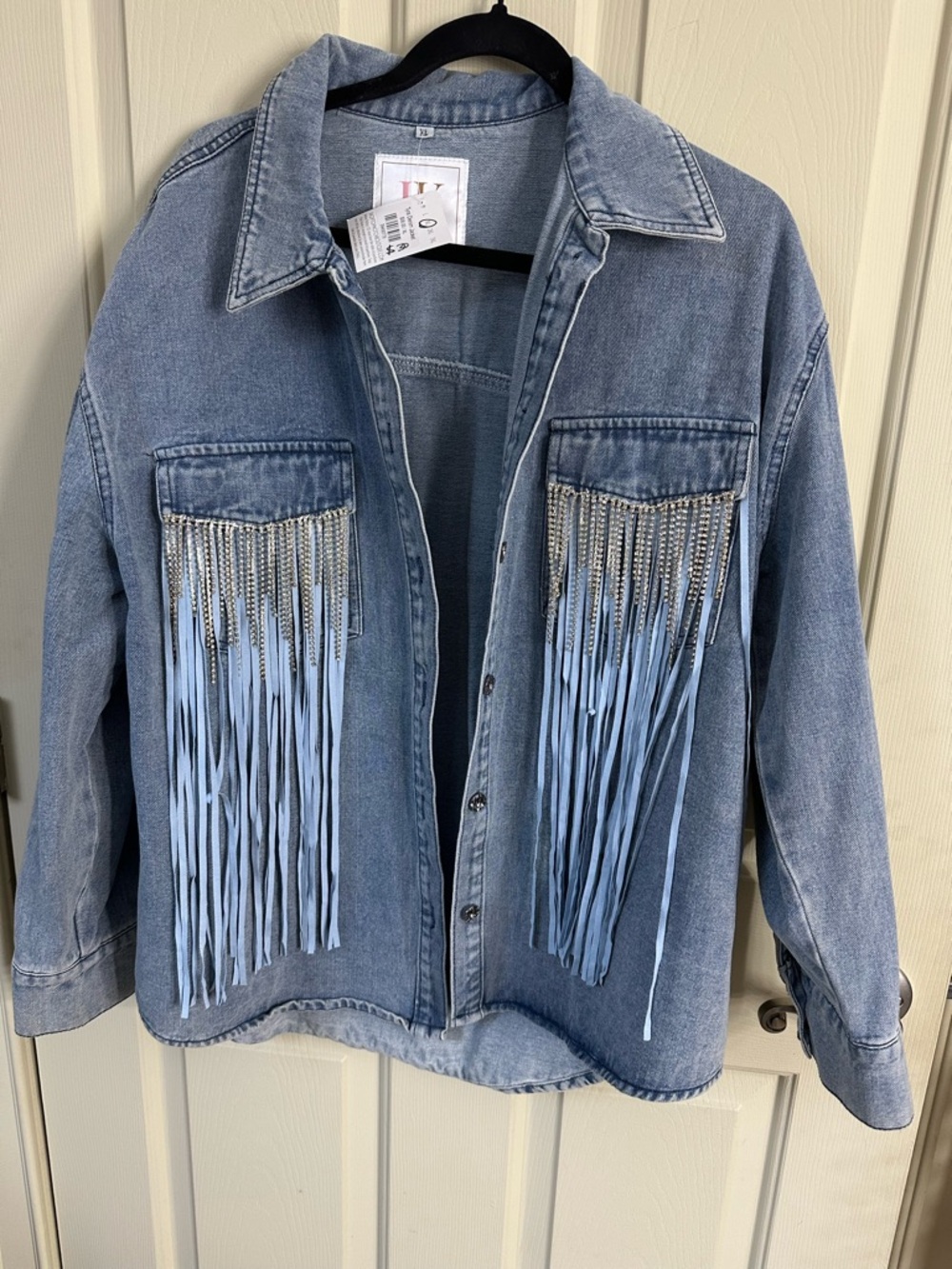 JK Designs Light Blue Denim Jean Jacket with Fringe and Rhinestone Trim